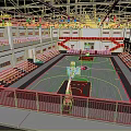 Indoor Basketball Court Interior With Red Bleacher Seats Gray Pink Floor And Metal Roof Structure