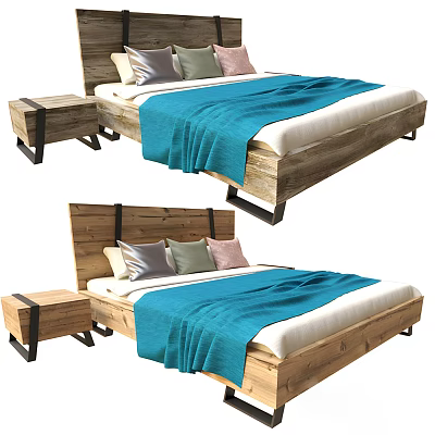 Double Bed Modern Bed Wooden Bed Quilt Bed Sheet Bedside Cabinet Pillow 3d model