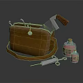 Brown Leather Bag With Wooden Handle Knife Red Bottles Syringe And Metal Tools