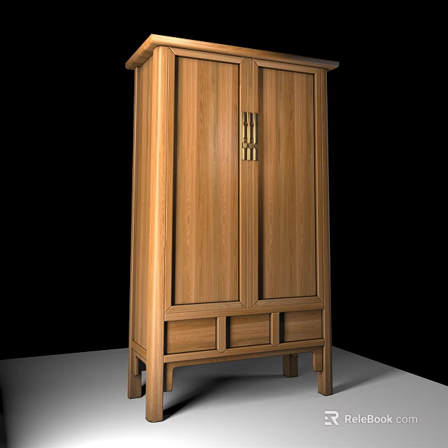 Wooden Double Door Wardrobe With Brass Handles And Bottom Storage Drawers 3d model 
