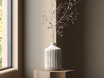 Elegant White Ribbed Vase With Decorative Branches On Wooden Round Table Near Window Natural Light Interior 3d model