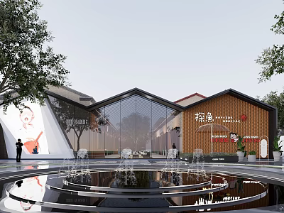 Modern Commercial Street With Glass Curtain Wall Wooden Structure And Central Fountain Area 3d model