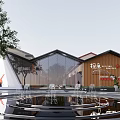Modern Commercial Street With Glass Curtain Wall Wooden Structure And Central Fountain Area