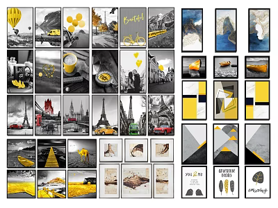 Black and White Wall Art Collection with Yellow Accents Cityscape Abstract Geometric Nature Prints 3d model