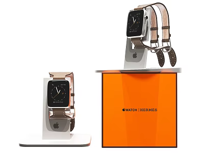 Modern Square Dial Watch With Leather Strap Displayed On Stand And Orange Collection Box 3d model
