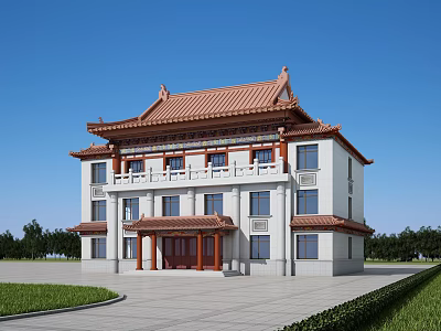 Traditional Chinese Ancient Building With Red Tiled Roof White Walls And Wooden Porch 3d model