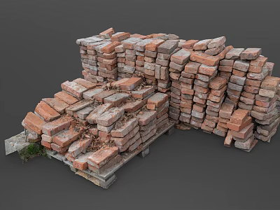 Stacked Red Bricks Piled On Wooden Pallets With Dirt And Debris 3d model