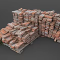 Stacked Red Bricks Piled On Wooden Pallets With Dirt And Debris