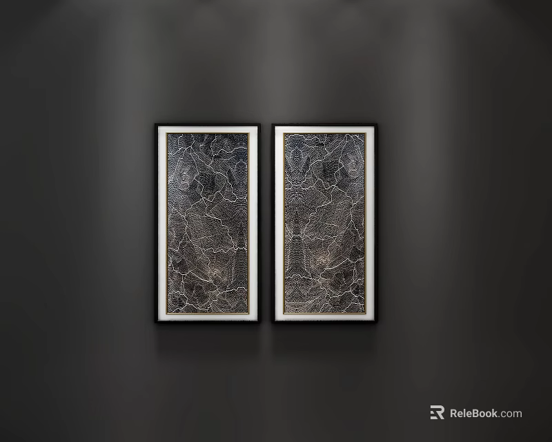 Two White Framed Abstract Paintings With Textured Patterns On Black Wall 3d model