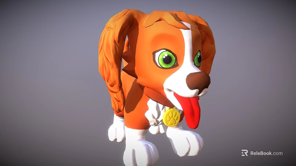 Cute Cartoon Dog Model With Orange White Fur Big Green Eyes And Tongue Out 3d model 