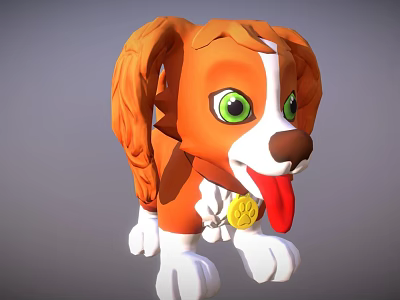 Cute Cartoon Dog Model With Orange White Fur Big Green Eyes And Tongue Out 3d model