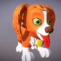 Cute Cartoon Dog Model With Orange White Fur Big Green Eyes And Tongue Out