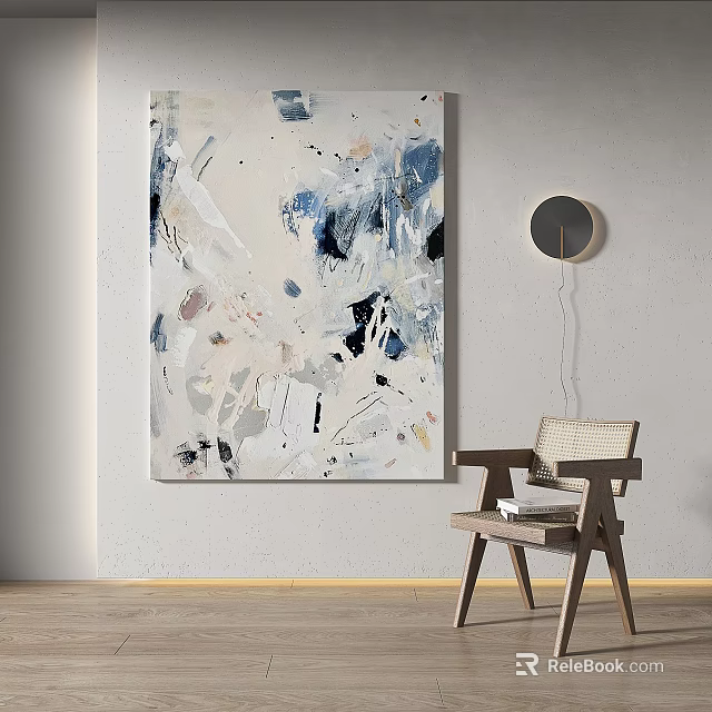 Abstract Painting with Blue Black White Tones Expressive Brushstrokes in Modern Room with Wooden Chair 3d model 