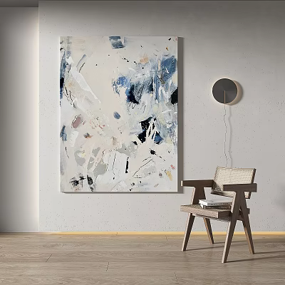 Abstract Painting with Blue Black White Tones Expressive Brushstrokes in Modern Room with Wooden Chair 3d model