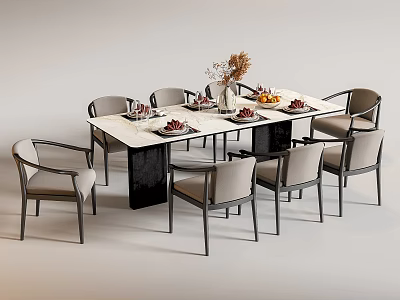 Modern Dining Table Set With Six Beige Chairs Flower Arrangement And Fruit Platter 3d model