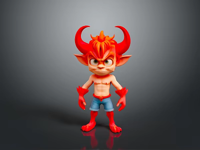 Red Skinned Horned Man With Orange Hair And Blue Shorts Standing On Gray Background 3d model