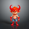 Red Skinned Horned Man With Orange Hair And Blue Shorts Standing On Gray Background