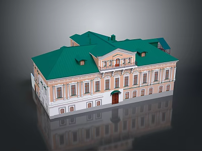 Classical Style Building Featuring Green Roof Yellow Facade Red Door And Windows 3d model