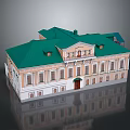 Classical Style Building Featuring Green Roof Yellow Facade Red Door And Windows