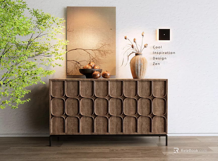 Wooden Entryway Side Cabinet with Circular Cutout Design Vase Dried Flowers Green Plant Decorative Painting 3d model 
