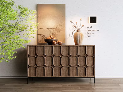 Wooden Entryway Side Cabinet with Circular Cutout Design Vase Dried Flowers Green Plant Decorative Painting 3d model