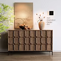 Wooden Entryway Side Cabinet with Circular Cutout Design Vase Dried Flowers Green Plant Decorative Painting