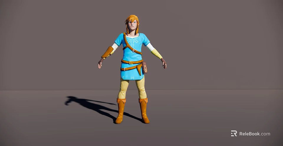 Blonde Haired Man In Blue Tunic Brown Belt Brown Boots Standing Pose Against Gray Background 3d model 