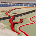 Modern Urban Bridge Design With Multi Lane Roads White Dome Building And Green Landscape
