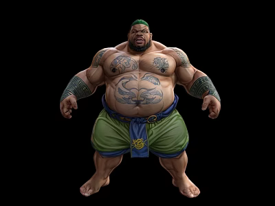 Game Movie Character Green Haired Muscular Build Chest Arm Tattoos Green Shorts Blue Sash 3d model
