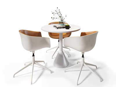 Modern Round White Table with Three Chairs Wooden Backrests and Decorative Plant Vase 3d model