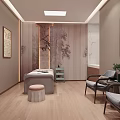 Modern SPA Sauna Interior Design with Massage Beds Wooden Walls Flooring and Decorative Paintings