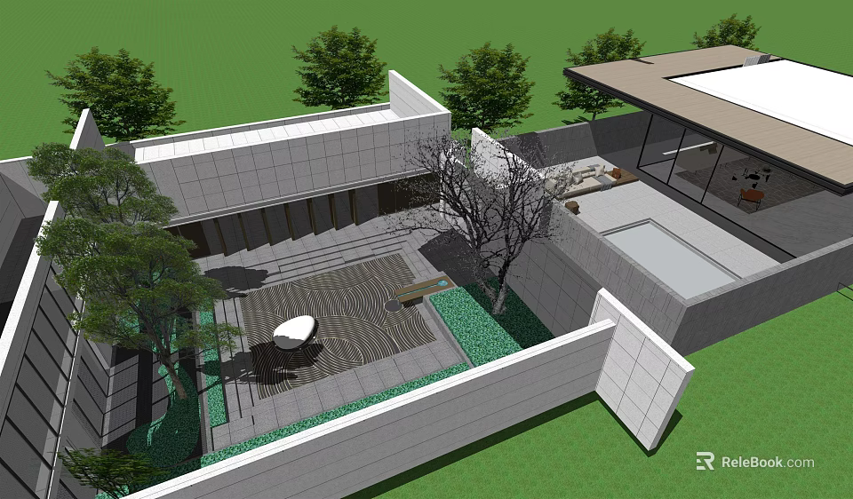 Modern Courtyard Garden Design With Green Trees Outdoor Seating And Wooden Deck 3d model 