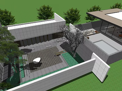 Modern Courtyard Garden Design With Green Trees Outdoor Seating And Wooden Deck 3d model