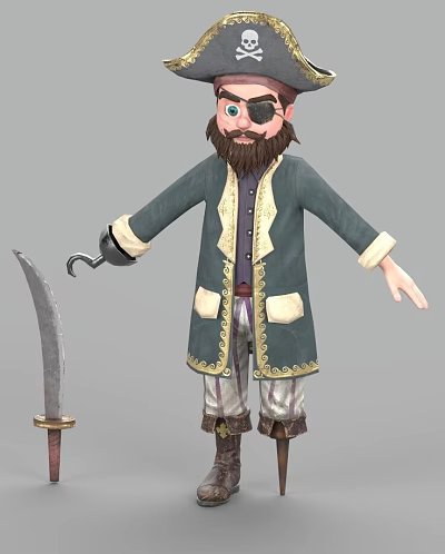 Game Movie Pirate Character With Eyepatch Hook Hand Beard Green Coat Striped Pants And Sword 3d model