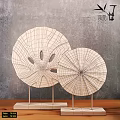 Wooden White Circular Decorative Ornament Set With Geometric Cut Out Design On Black Stands