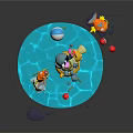 Colorful Cartoon Scene With Blue Character On Yellow Float Holding Drink And Orange Fish