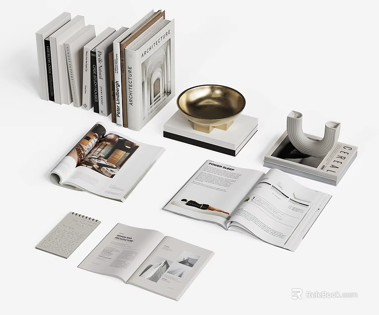 Elegant Decorative Ornament Set With Books Gold Bowl U Shaped Ornament Open Magazines And Notebook 3d model 