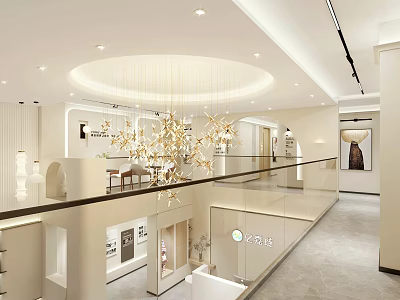 Elegant Modern Beauty Salon Interior With Chandelier Glass Railing And Styling Stations 3d model