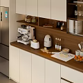 Modern Kitchen Sideboard With White Cabinets Drawers Glass Door Storage And Small Appliances