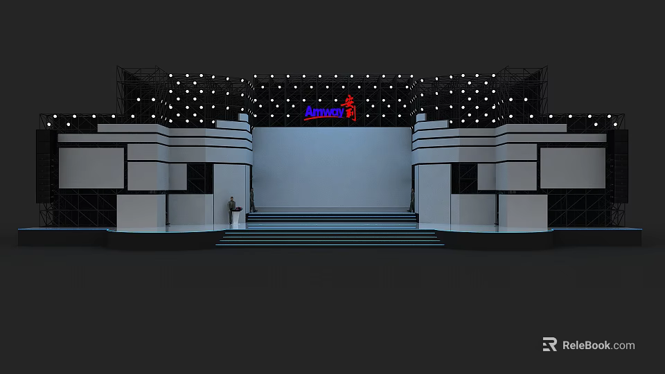 Modern Fashion Stage With Dot Matrix Lights White Backdrop Decorative Sides And Front Stairs 3d model 