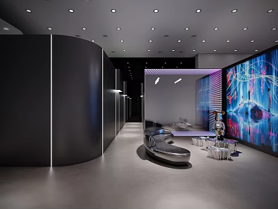 Modern Exhibition Hall With Curved Design Large Screen Seating And Ambient Lighting 3d model