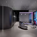 Modern Exhibition Hall With Curved Design Large Screen Seating And Ambient Lighting