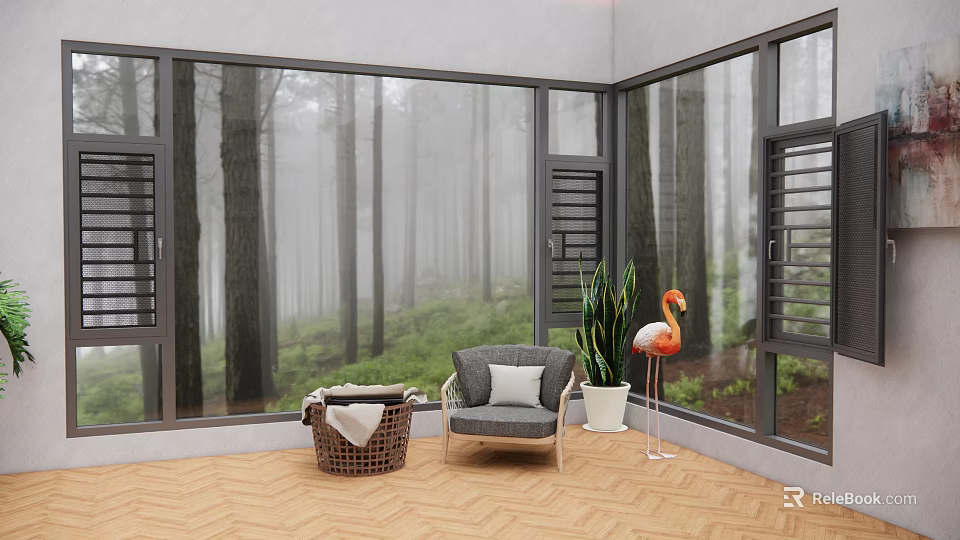 Casement Windows Room Interior With Foggy Forest View Gray Chair And Plant 3d model 