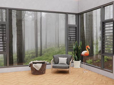 Casement Windows Room Interior With Foggy Forest View Gray Chair And Plant 3d model