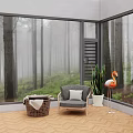 Casement Windows Room Interior With Foggy Forest View Gray Chair And Plant