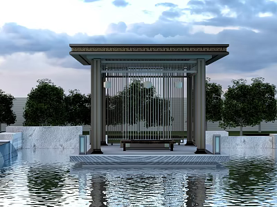 Modern Waterfront Pavilion With Trees And Reflection On Serene Water Surface 3d model