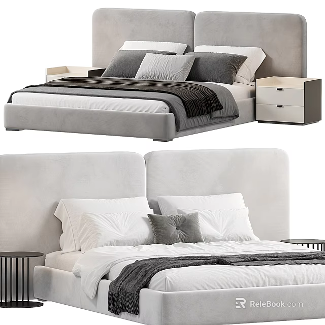 Modern Double Bed Interior With Gray Headboard Soft Pillows White Sheets And Nightstands 3d model