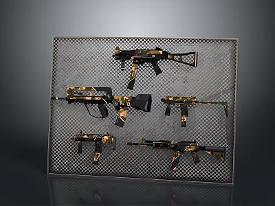 Modern Tactical Weapons Collection Showcasing Assault Rifles and Pistols on Grid Display Panel 3d model