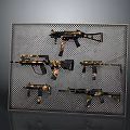 Modern Tactical Weapons Collection Showcasing Assault Rifles and Pistols on Grid Display Panel
