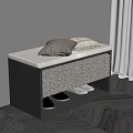 Storage Bench with Upholstered Seat Pillows Holding Shoes in Corner Wooden Floor Sheer Curtain